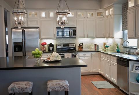 Transitional Kitchen with floral cushioned bar stools