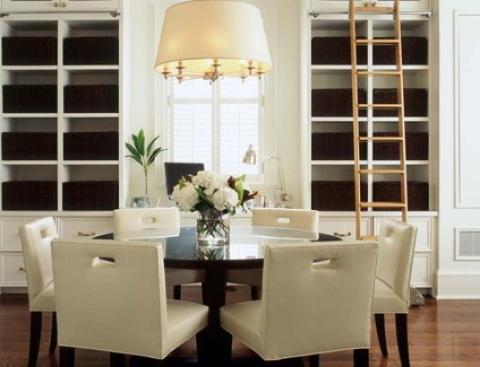 Modern Dining Room with white upholstered dining chairs