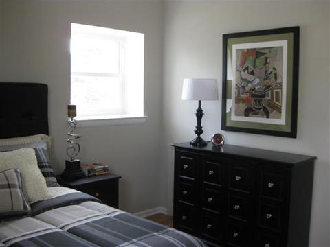 Transitional Bedroom with grey and black bed covers