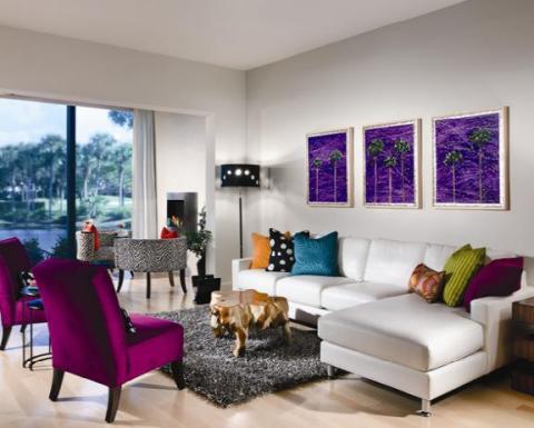 Eclectic Living Room with bright colorful pillows