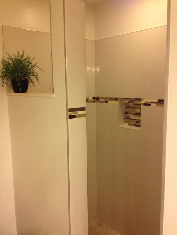 Transitional Bathroom in Naples tiled shower niche, mosaic tile