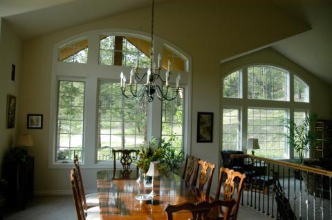 Transitional Dining Room with upholstered dining chairs