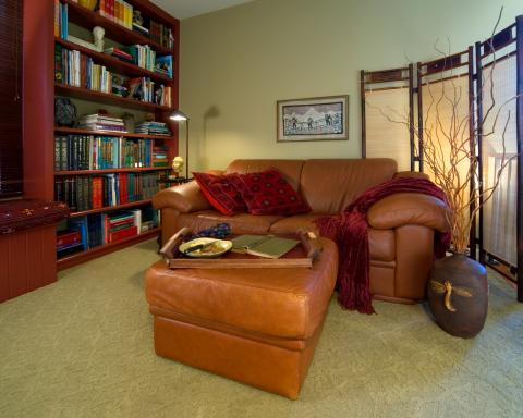 Casual / Comfortable Library with custom red painted book storage