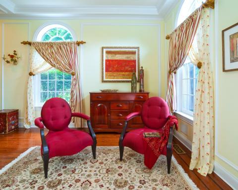 Traditional Living Room with red and white stripped window drapes