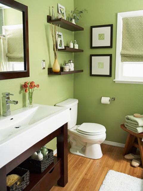 Transitional Bathroom with dark wood wall mounted shelves