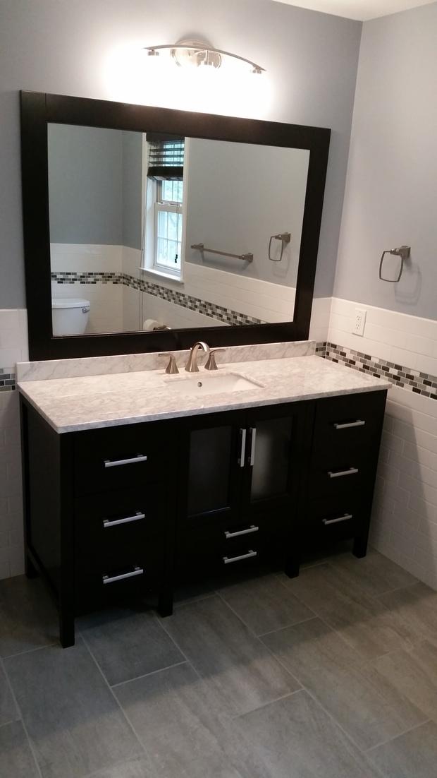 Contemporary Bathroom in Toms River white wall tile, black framed
