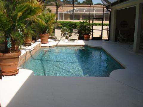 Contemporary Pool with cement patio around pool