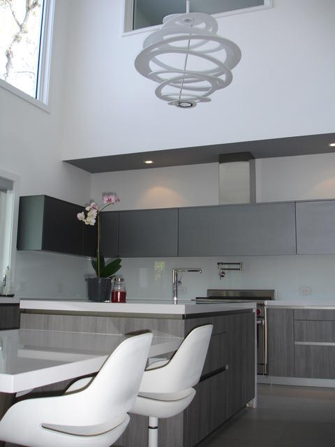 Modern Kitchen with grey wood grain laminate base cabinets