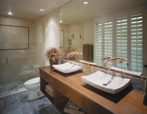 Contemporary Bathroom with white shutter style window covering