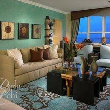 Eclectic Family Room with unique wood and glass wall shelving unit