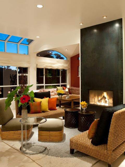 Eclectic Family Room with large steel panel wall covering bolted into wall