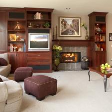 Contemporary Family Room with dark wood coffee table with black legs