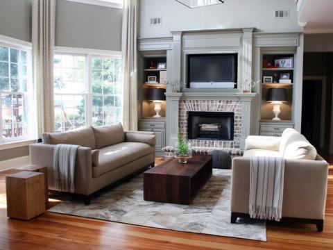 Contemporary Family Room with white base side table lamps with black shades