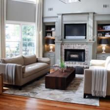 Contemporary Family Room with white base side table lamps with black shades