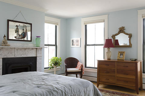 Traditional Bedroom with light blue painted walls