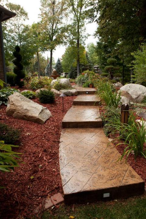 Transitional Landscape with outdoor spot lighting lining pathway