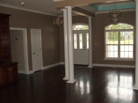 Transitional Entry with green painted accent in ceiling