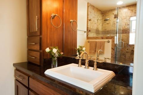 Modern Bathroom with stainless steel cabinet hardware