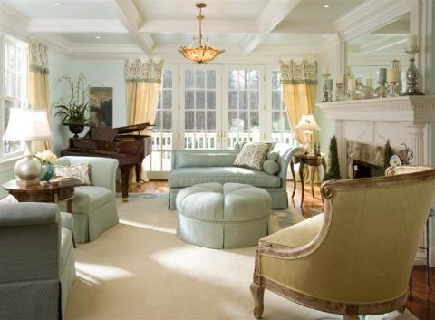 Traditional Living Room with white colonial detailed fire place mantel