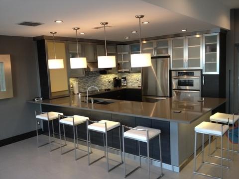 Modern Kitchen with stainless steel bar stool chairs