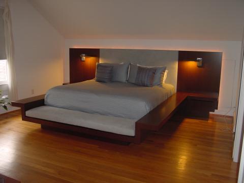 Contemporary Bedroom with bed has end tables and bench built in