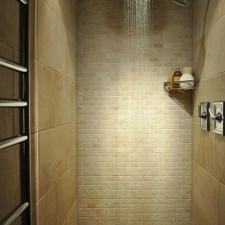 Transitional Bathroom with small light tan stone tile shower wall covering