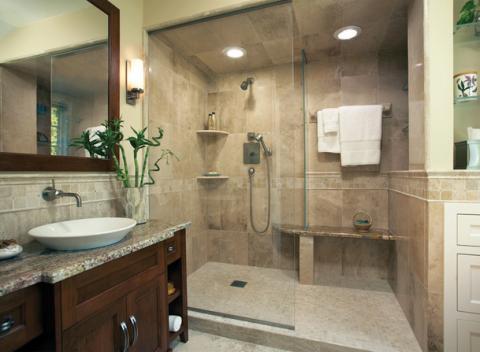 Transitional Bathroom with light tan stone tile shower wall covering