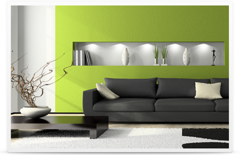 Modern Living Room with black and white retro shag rug