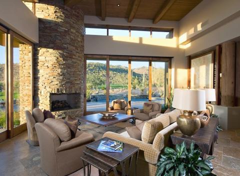 Lodge Living Room with wood ceiling panels and wood beams
