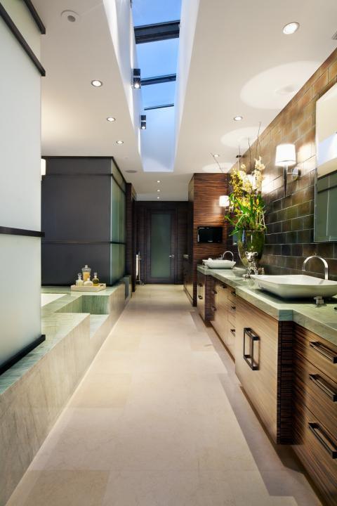 Modern Bathroom with iridescent tile backsplash