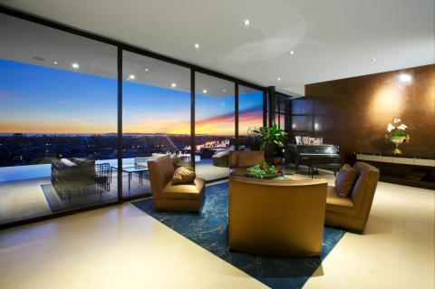 Contemporary Living Room with floor to ceiling window