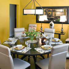 Modern Dining Room with grey silk dining chairs
