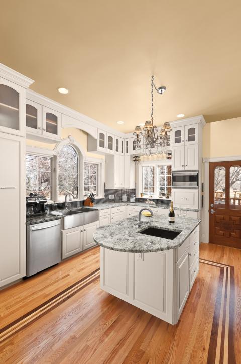 Eclectic Kitchen with stainless steel barn style kitchen sink with large apron