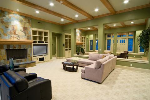 Contemporary Family Room with slate tile fire place surround