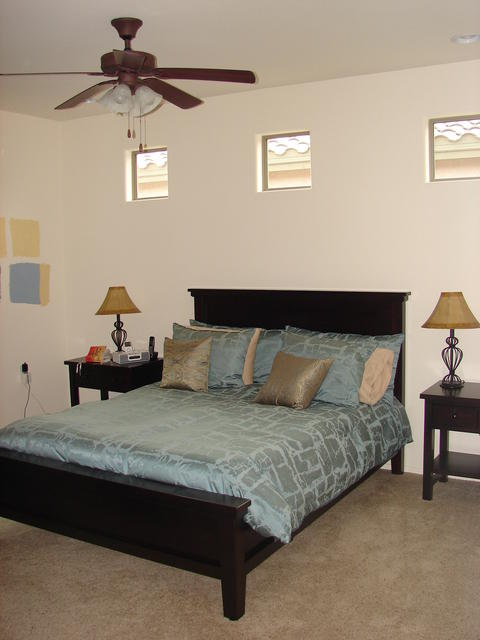 Contemporary Bedroom with trompe-l il painted clerestory windows