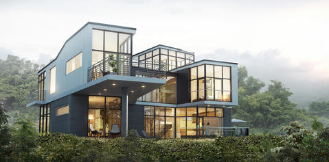 Modern Home Exterior with glass window walls