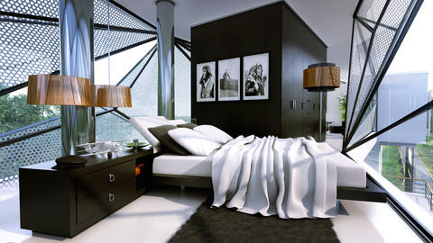 Contemporary Bedroom with floor to ceiling windows