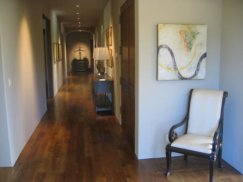 Contemporary Entry with reclaimed hardwood flooring