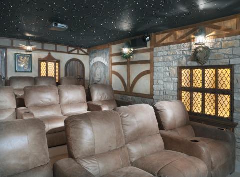 Traditional Home Theater with leather lounge chairs