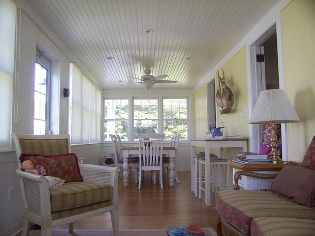 Cape Cod Sunroom in Barrington - white wood panel ceiling ...