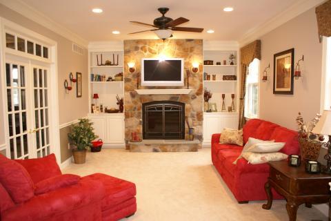 Traditional Family Room with red microfiber sofa and chaise lounge