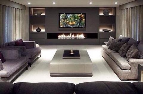 Contemporary Family Room with rectangular built in fireplace