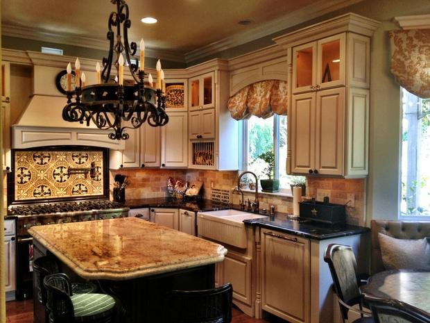 French Country Kitchen in Camarillo - custom white wood vent hood