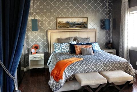 Transitional Bedroom with grey and white wallpaper