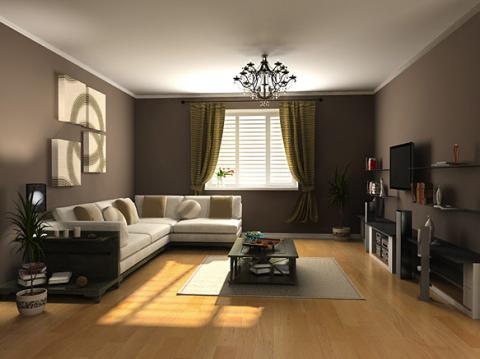Contemporary Family Room with dark brown painted walls
