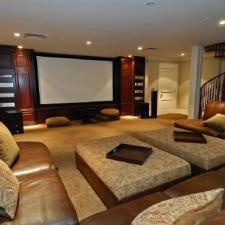 Contemporary Home Theater with fabric and leather upholstery