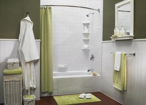 Transitional Bathroom with bright green shower curtain