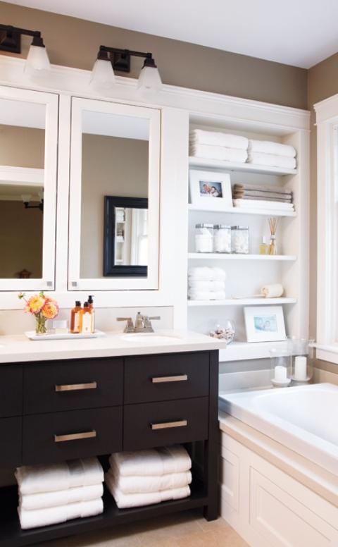 Transitional Bathroom with solid surface countertop