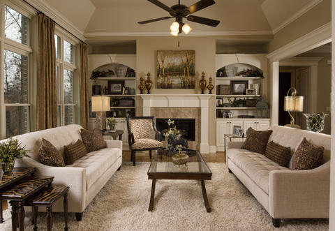 Transitional Living Room with built in book cases