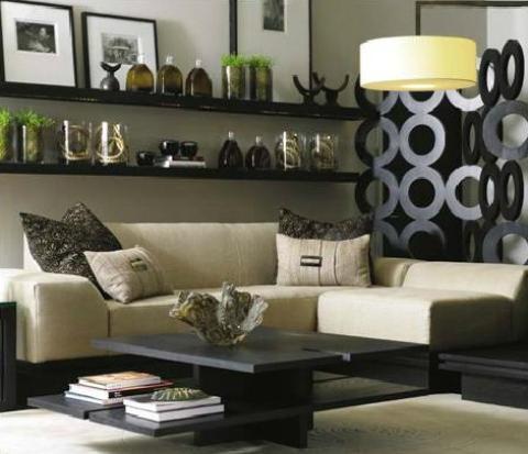 Contemporary Family Room with large black circle partition wall